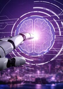 Artificial intelligence in business concept – futuristic AI technology and data analytics visualization