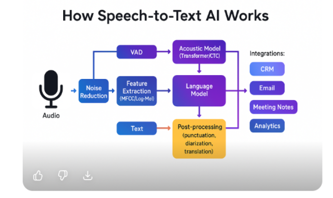 Speech-to-Text Model AI diagram: audio → noise reduction → feature extraction → acoustic model → language model → post-processing → integrations.