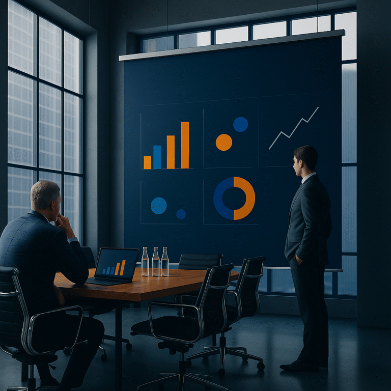 Modern meeting room with a large screen showing bar, pie, and line charts; two colleagues reviewing marketing analytics.