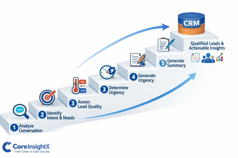 AI lead analysis workflow showing steps from conversation analysis to CRM lead qualification and sales insights